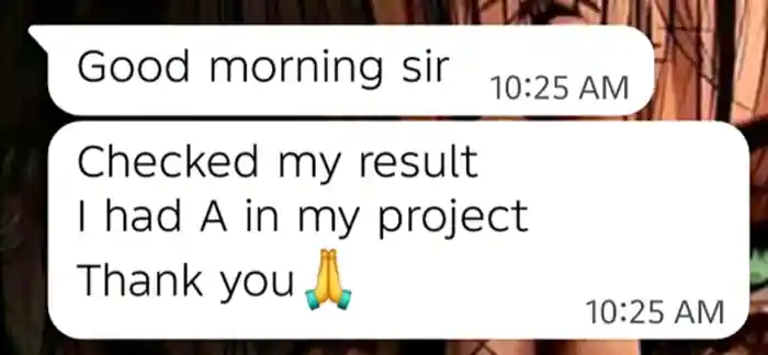 Customer feedback stating that the client checked their result, received an A in their project and thanked Lynks