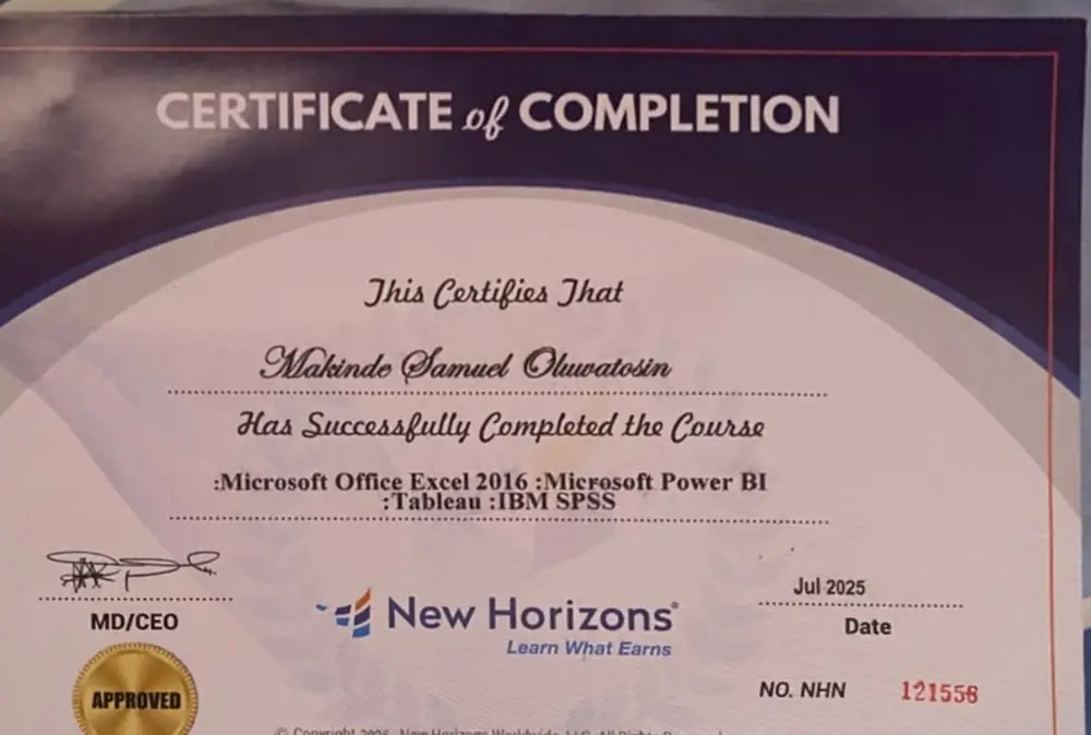 New Horizons Certificate of Completion for Makinde Samuel Oluwatosin covering Microsoft Office Excel 2016, Microsoft Power BI, Tableau and IBM SPSS